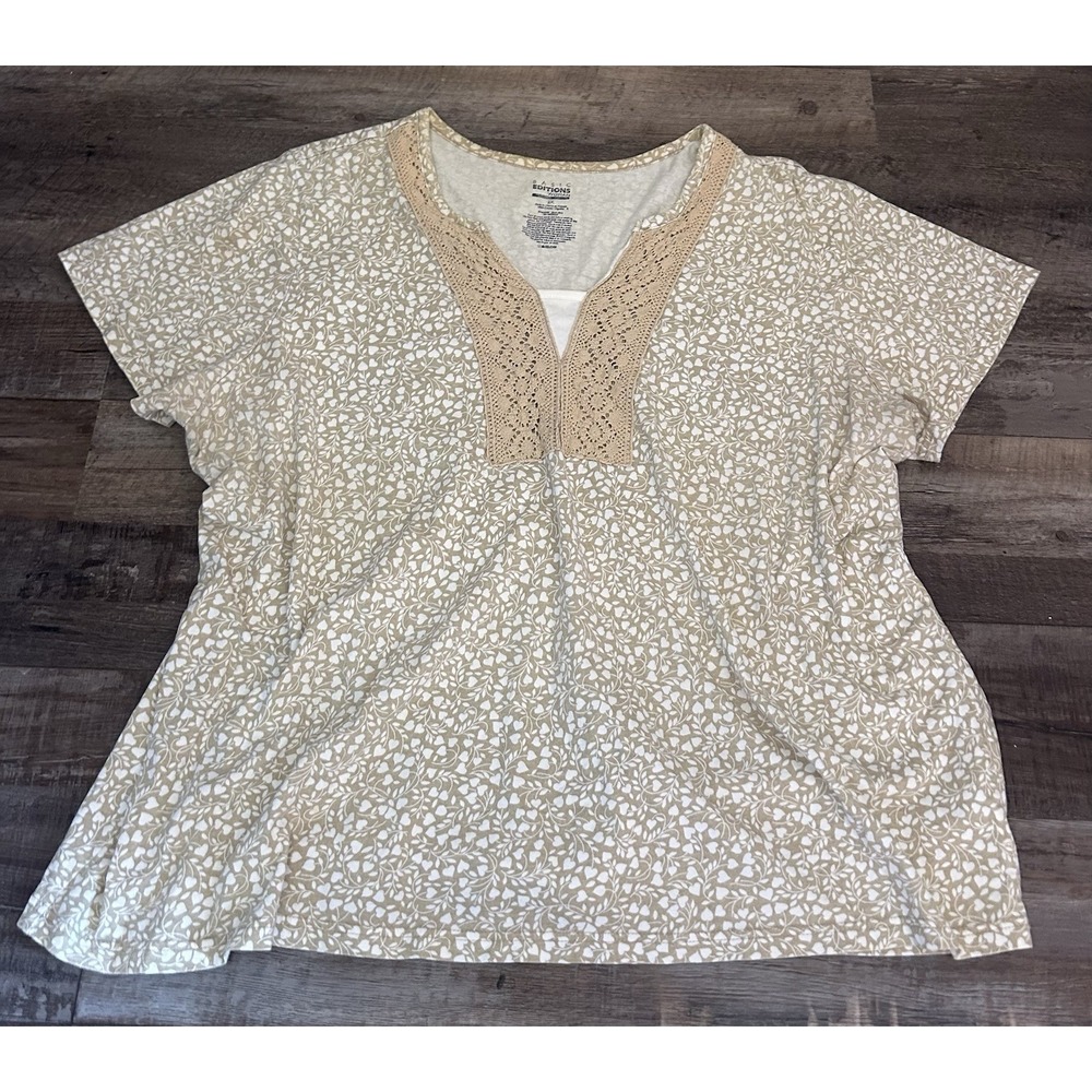 Basic Editions Women's 2x Brown Floral Print Short Sleeve